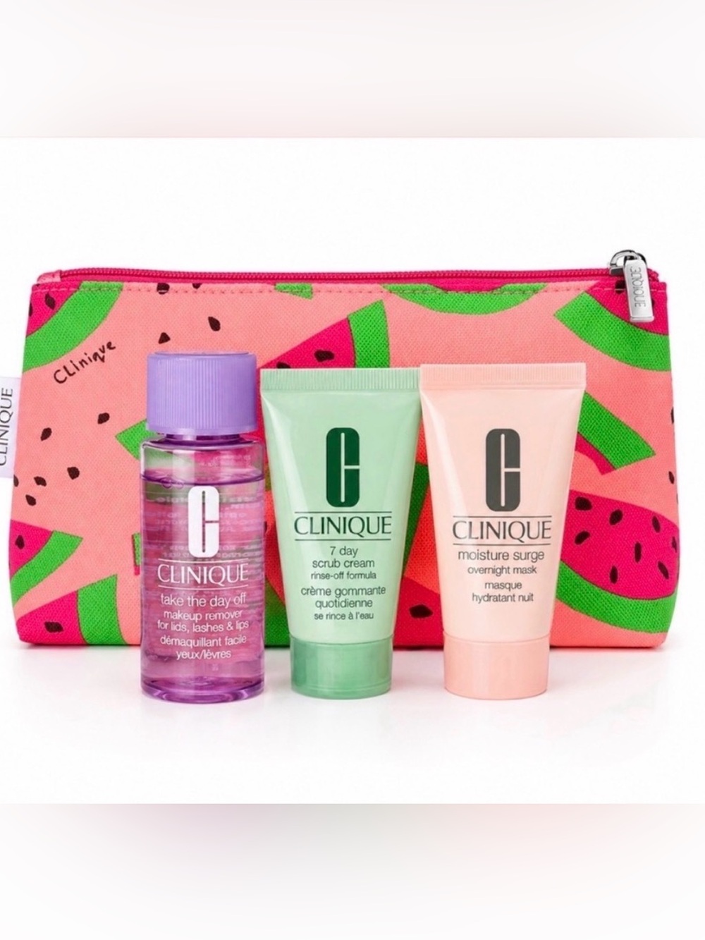 Clinique 4 Pc Travel Skincare Set Watermelon Cosmetic Bag